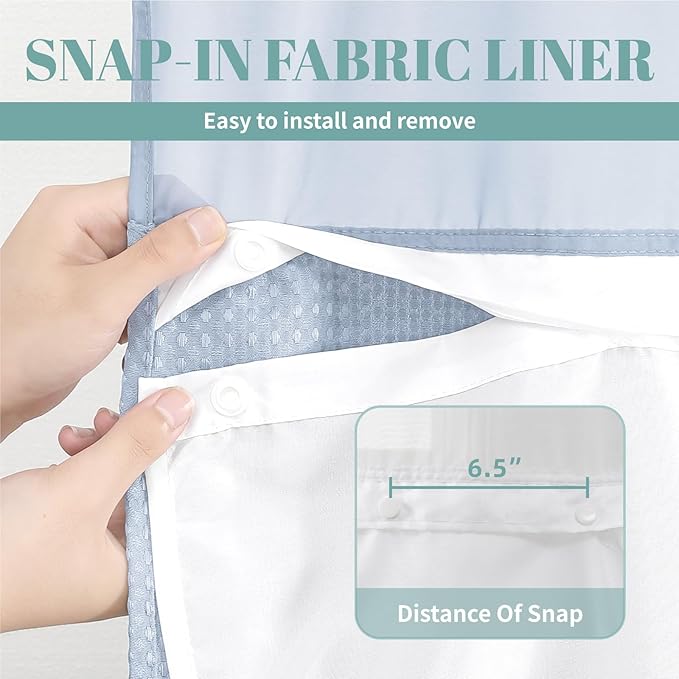 eachope FrostBlue No Hook Waffle Weave Shower Curtain with snap-in Liner Replacement, 230GSM Waterproof Fabric Hotel Shower Curtain Set for Bathroom, Through Mesh Top Window,71Wx74H