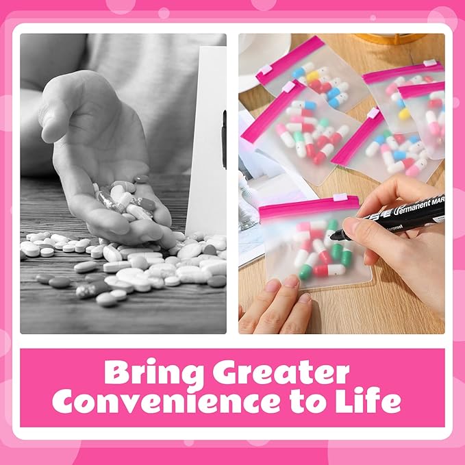 24 Pieces Pill Pouch Bags Zippered Set Reusable Translucent Medicine Organizer Sealing Travel Plastic Bags with Slide Lock for Storage(Pink)
