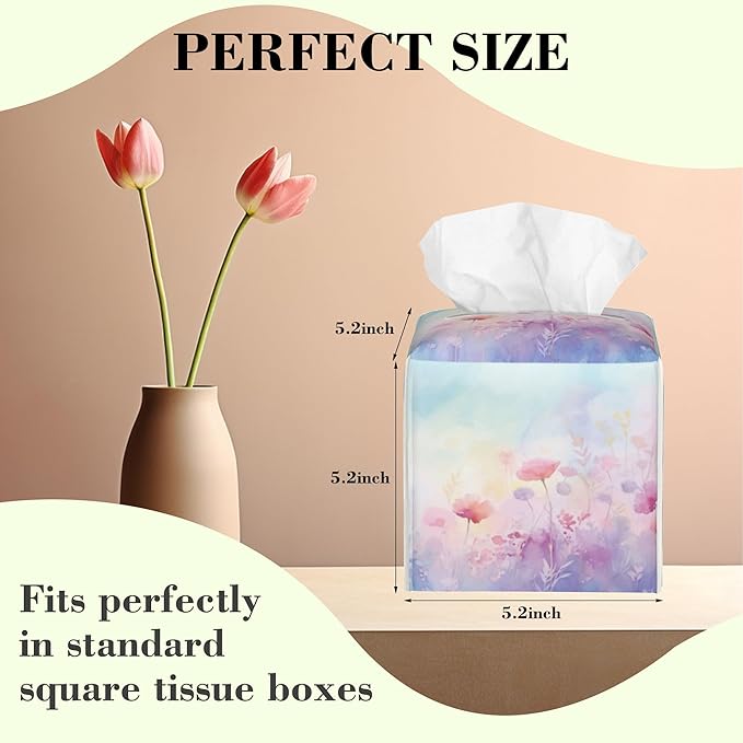 Watercolor Colored Pastel Boho Floral Tissue Box Cover Square Leather Tissue Holder Waterproof Facial Paper Organizer Dispenser Cube Paper Cover Case for Home Office Bathroom Vanity Countertop