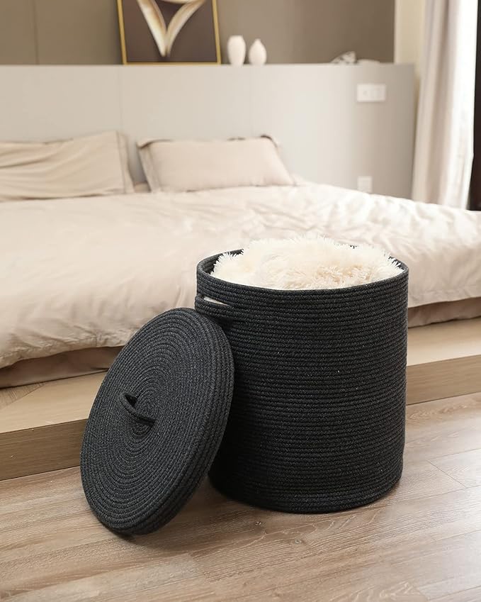 16" x 16" x 18" Extra Large Storage Basket with Lid, Cotton Rope Storage Baskets, Laundry Hamper, Cloth Bin, for Clothes Towels Blankets Pillows Storage in Living Room, All Black Grey Mix Basket