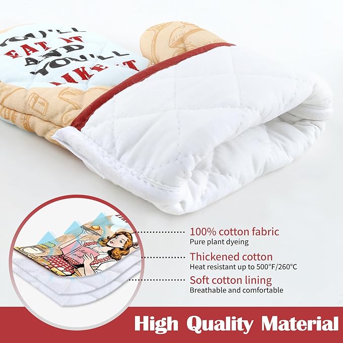 Retro Housewife Oven Mitts and Pot Holders Sets 2Pcs, 100% Cotton Heat Resistant, Extra Long Oven Gloves Potholder for Kitchen Cooking Baking Decoration
