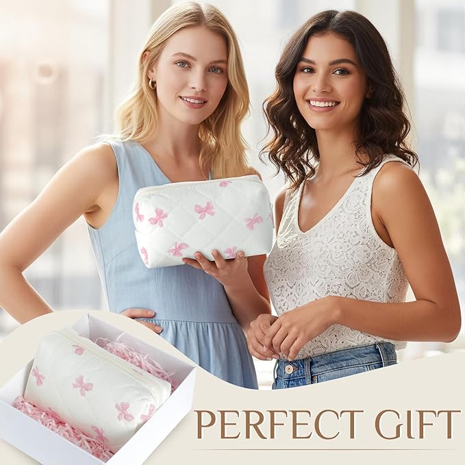 Paterr 6 Pcs Quilted Makeup Bag Bulk for Women Girls Birthday Valentine's Day Bridesmaid Gifts Cute Cotton Cosmetic Pouch Bow Floral Coquette Aesthetic Travel Toiletry Bag(Pink Bow,White)