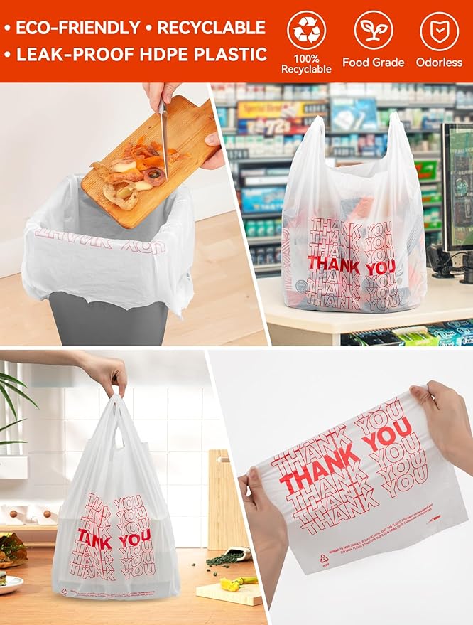 UMT Plastar 1000 Count Thank You Plastic T-Shirt Bags with Handles, 10.5" x 5.5" x 17.5" (1/8 Size), 14 Mic, Black – Ideal for Grocery, Retail, Takeout, and Desk Trash Use