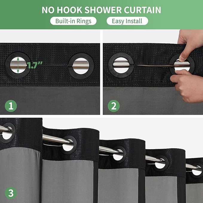 eachope Stall No Hook Shower Curtain with Snap-in Fabric Liner Set,Waffle Weave Shower Curtains for Bathroom,Hotel Luxury Decor Bathroom Curtain Set,Waterproof & Washable,Black,54Wx80H