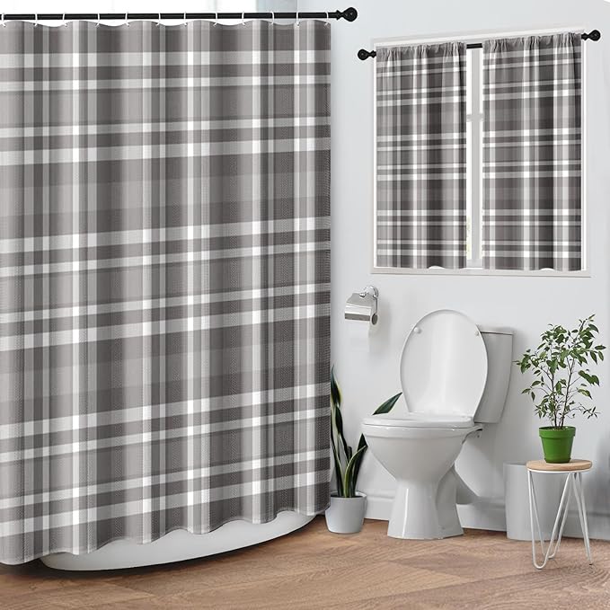 Culudea Grid Gray White Plaid Shower Curtain Set, Geometric Farmhouse Bathroom Window Waterproof Waffle Textured Cloth Shower Curtains for Bathroom Decor