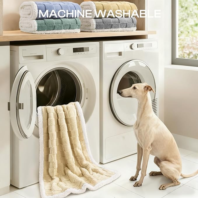Luciphia Waterproof Dog Blanket for Large Dogs Washable Soft Sherpa Fleece Cat Blankets with 3D Jacquard Cozy Calming Reversible Bed Couch Protector Furniture Protection, Beige White, 65x57 inch
