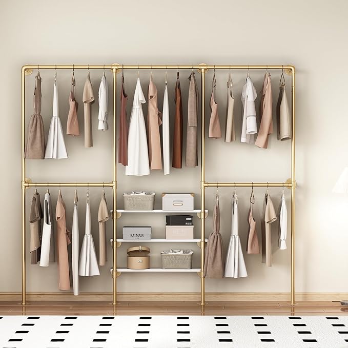 KAILNKISS Industrial Pipe Clothing Rack, Gold Clothing Rack with Shelves, Wall Mounted Clothes Rack Heavy Duty Closet Organizers Wardrobe Multi-Purpose Storage Clothes Hanging Shelf- 94.5''L Gold