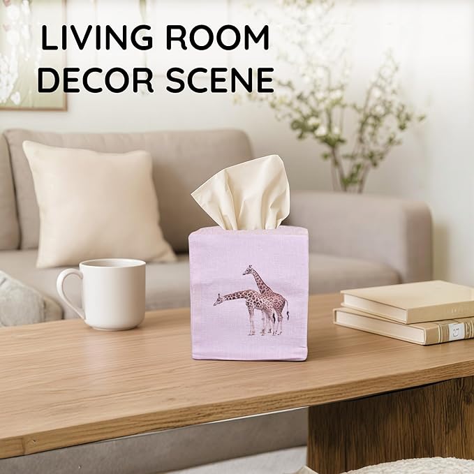 EmbroideryLinen.VN Tissue Box Cover Set of 2, Square Linen Tissue Holder, Printed Animal Pattern, 4.5x4.5x5.5 Inches, Decorative Holder for Bathroom, Living Room, Office (Giraffe)