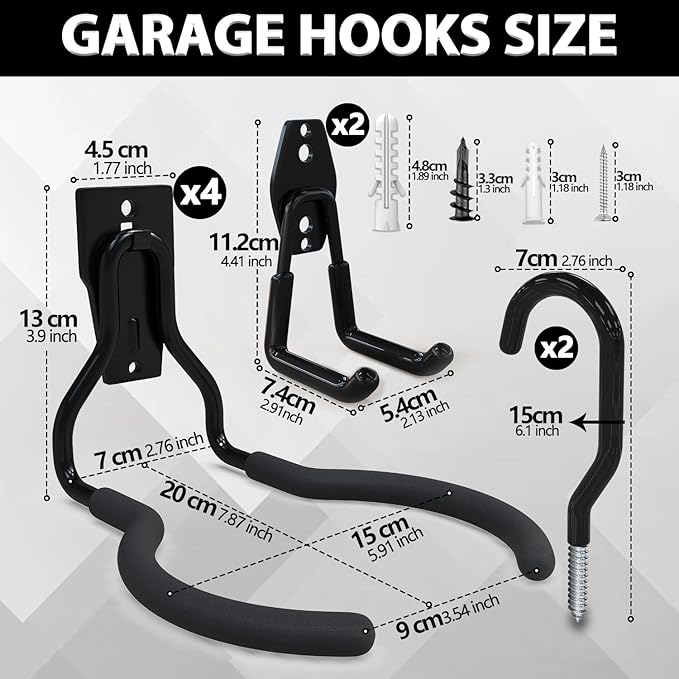 3-H Weed Eater Hanger 4 Pack,2 Garden Hose Holder,2 Screw in Hooks,Utility Weedeater Rack,Tool Hangers for Organizing and Hanging Weed Wacker,Leaf Blower,String Trimmer in Garden