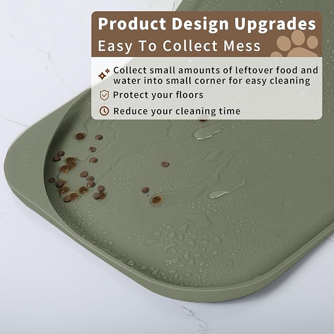 Smilool Silicone Pet Food Mat with Raised Edge for Food and Water Bowl, Dog Feeding Mats, Cat Food Trays for Floor Waterproof, Rubber Tray for Dogs and Cats, 17 x 12 x 0.7 Light Olive Green