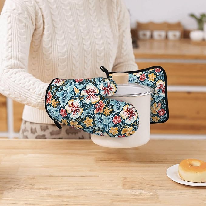 Oven Mitts and Potholders Retro Colored Flowers Silicone Glove Heat Resistant, Kitchen Gloves for Cooking, 2-Piece Set