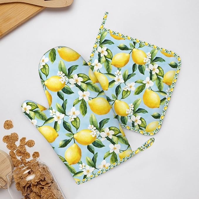 Oven Mitts Pot Holders Set Lemon Watercolor Flower Silicone Kitchen Gloves Potholders Heat Resistant for Chef Baking Cooking Grilling BBQ 4 Pack Mitt
