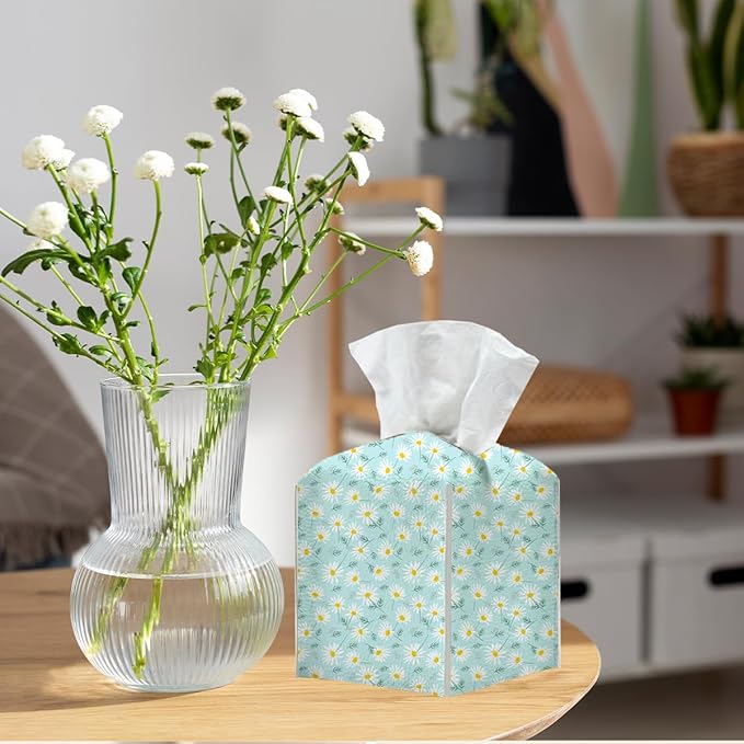 Tissue Box Cover, Tissue Box Holder, Square with Belt Bottom, PU Leather Decorative Organizer for Desk, Tabletop, Countertop Bathroom, Toilet Car, Office, Dresser Bedside, Aesthetic Wildflowers Decor
