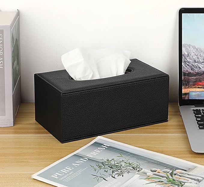 Sumnacon Tissue Box Cover Rectangle Tissue Box Stylish PU Tissue Box Holder with Magnetic Bottom, Decorative Leather Tissue Cover for Living Room Bathroom Table Desk Home Office Car, Black