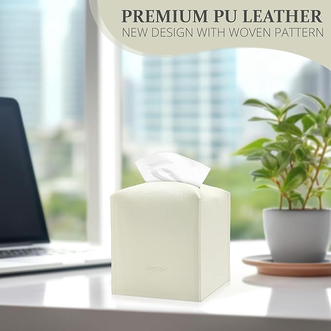 Azormi Tissue Box Cover, PU Leather Square Tissue Box Holder with Woven Pattern, Cube Tissue Box Covers with Bottom Belt, Perfect Decorative Organizer for Tabletop, car, Office, Bathroom (White)
