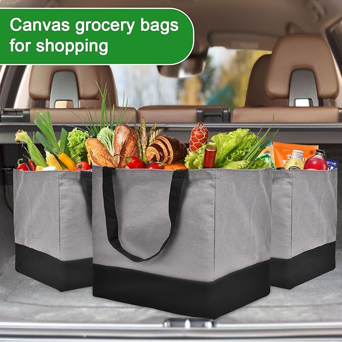 CNaiyunpin 3 Pack Canvas Reusable Grocery Bags Heavy Duty, 8.3 gal Foldable Large Tote Bag with Handles, Holds 60 lbs Canvas Shopping Bags & Washable Eco-friendly Bags with 5 Pockets, Grey+Black
