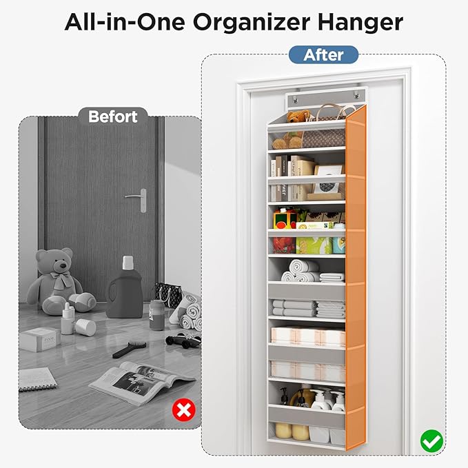 Mefirt Over The Door Organizer, 6 Shelf Door Organizer Hanging with 6 Large Capacity Pockets, Over The Door Storage Hanging Shelves for Closet Wall Bathroom Closet Bedroom Nursery