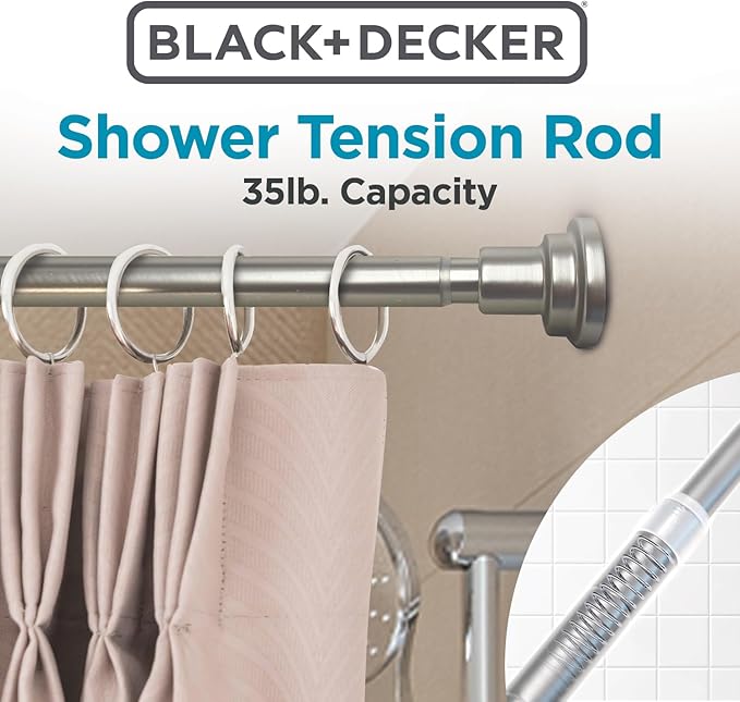 BLACK+DECKER Tension Shower Curtain Rod 42-72 Inch – Drill-Free Adjustable Curtain Rod, Rust-Resistant Stainless Steel Tension Curtain Rod for Shower, Bathroom, Window, Closet – 35 lb Capacity