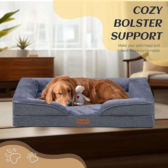 OUPEIWAWA Large Dog Bed Orthopedic with Bolster Sides Removable Egg-Crate Foam Waterproof Liner Pet Bed Sofa Couch with Removable Washable Cover Non-Slip Bottom, Dark Gray