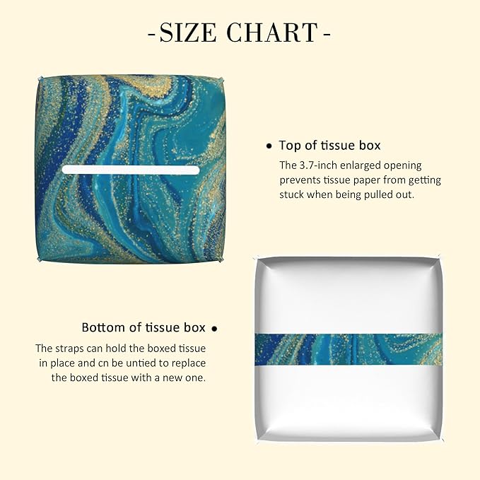 POIUBLE Leather Tissue Box Holder Blue and Gold Liquid Marble Tissue Box Cover Square Waterproof Tissue Holder Organizer Modern Napkin Holder for Bedroom Dresser Night Stand Office Desk