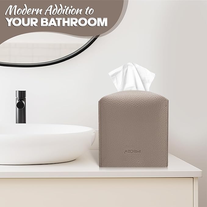 Tissue Box Cover Holder, PU Leather Tissue Box Cover Square with Bottom Belt, Cube Tissue Holder for Bathroom, Modern Organizer for Car, Office, Tabletop (Deep Lotus Root)