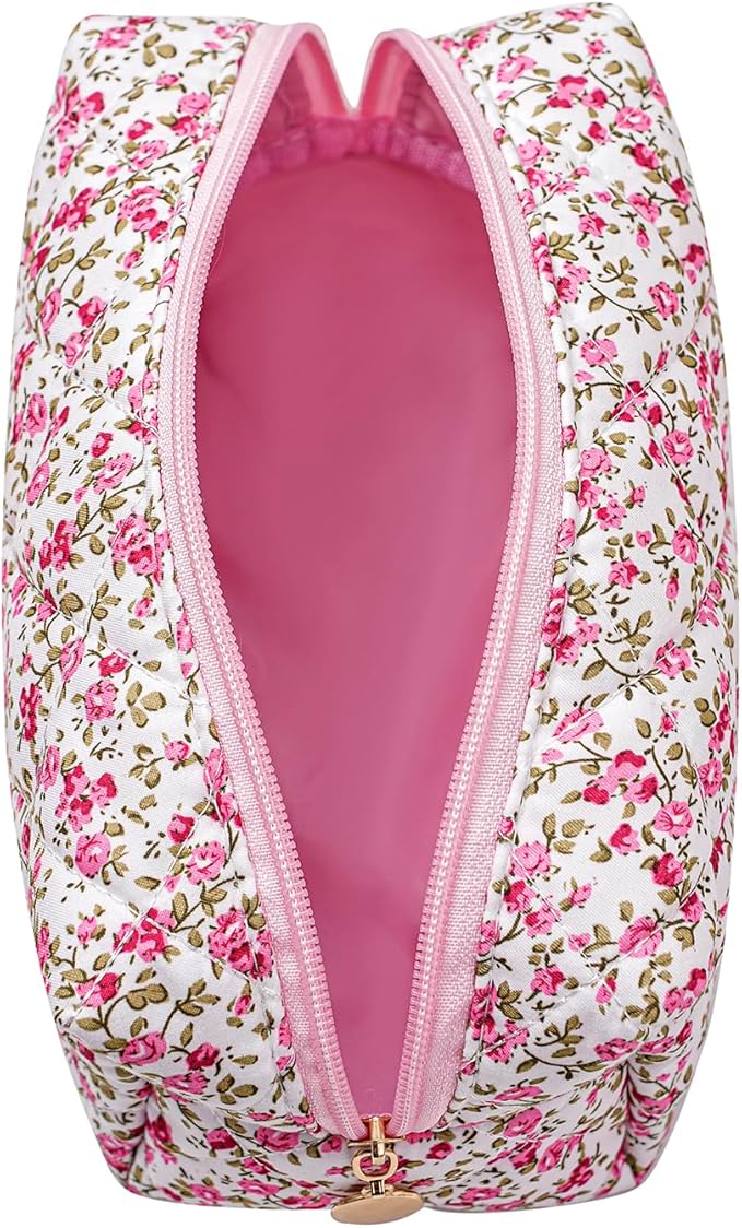 Gleyemor Small Quilted Makeup Bag for Women, Cute Floral Bow Cosmetic Bag, Emergency Bag Travel Toiletry Cotton Pouch Gifts for Girls Her Mom Friend Sister Bridesmaid (Red Small Flower)
