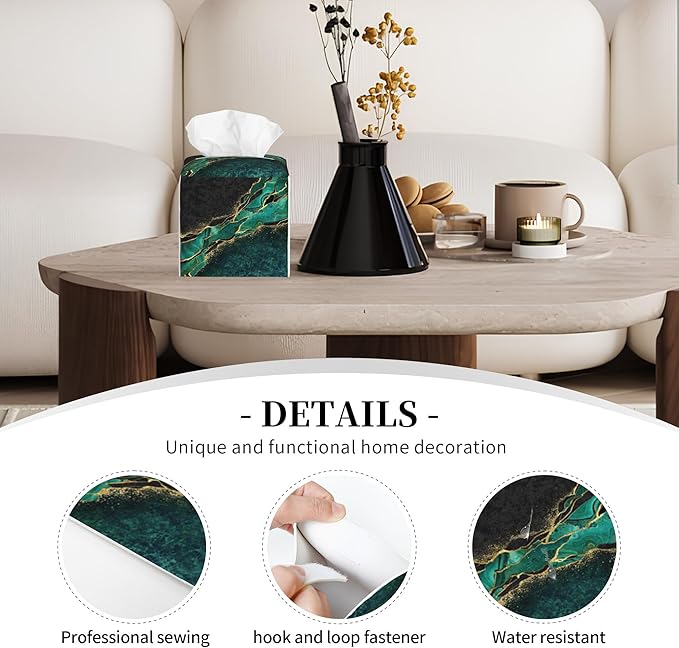 POIUBLE Green and Gold Marble Tissue Box Cover Leather Tissue Box Holder Square Facial Paper Organizer Dispenser for Bathroom Kitchen Bedroom Vanity Countertop Night Stands