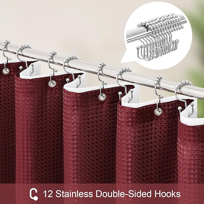Craidlela 3 in 1 Stall Half Size Burgundy Shower Curtain Set-36 W x 72 H, Modern Waffle Waterproof Fabric and PEVA Liner Set with Stainless Steel Hooks