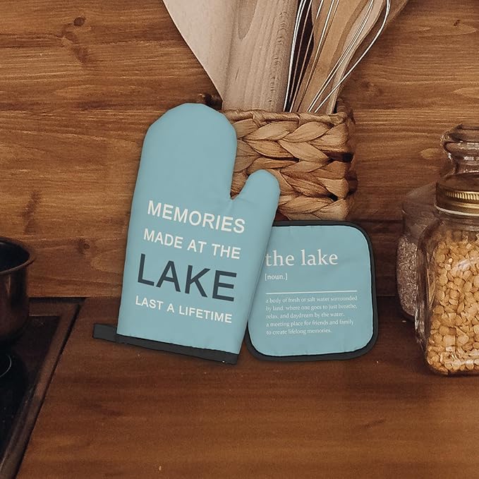 Blue Lake Lovers Gifts Oven Mitts and Pot Holders Sets, Lake House Gifts Kitchen Accessories Sets, Lake House Decor, Memories Made at The Lake Heat Resistant Oven Glove Potholders for Kitchen