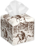 West Cowboys Tissue Box Holder,Desert Cube Tissue Box Cover Holder,Leather Facial Paper Organizer Dispenser Home for Bedroom Night Stands,Kitchen,Office and Car,5.2"×5.2"×5.2"