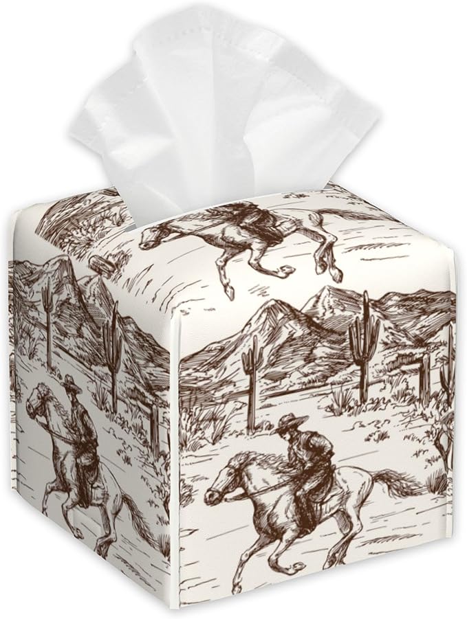 West Cowboys Tissue Box Holder,Desert Cube Tissue Box Cover Holder,Leather Facial Paper Organizer Dispenser Home for Bedroom Night Stands,Kitchen,Office and Car,5.2"×5.2"×5.2"