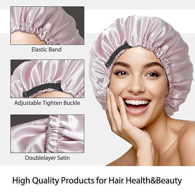 Netcken Large Microfiber Hair Towel Wrap & Satin Bonnet Set for Women, Ultra Absorbent Turban 24x42 Inches & Adjustable Night Cap for Curly Hair, Prevents Frizz & Breakage, Gifts for Women