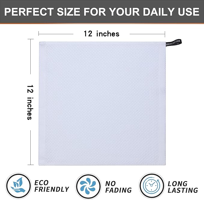 Kitinjoy 100% Cotton Kitchen Dish Cloths, 12 Pack Waffle Weave Ultra Soft Absorbent Dish Towels for Drying Dishes Quick Drying Kitchen Towels Dish Rags, 12 X 12Inch, White