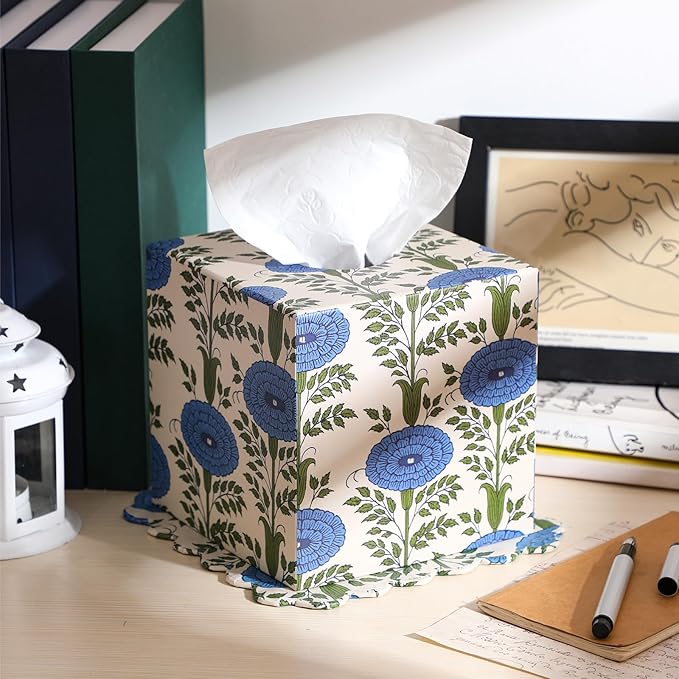 Ferrochef Blue Paper Mache Tissue Box Cover Floral Print Tissue Box Decorative Square Napkin Holder for Grand Millennial Home Bedroom Countertop Night Stands Office Country Decor