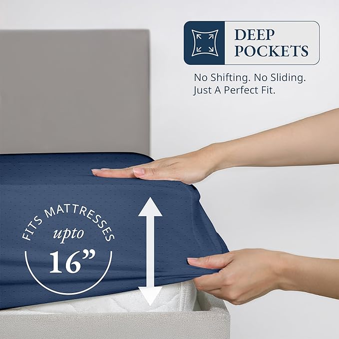 Lane Linen 100% Egyptian Cotton King Size Fitted Sheet Only (79"x81" + 16") - Elegant Sateen Weave, Ultra Soft, Breathable, Highly Durable, Deep Pockets Upto 17" - Swiss Dot Estate Blue