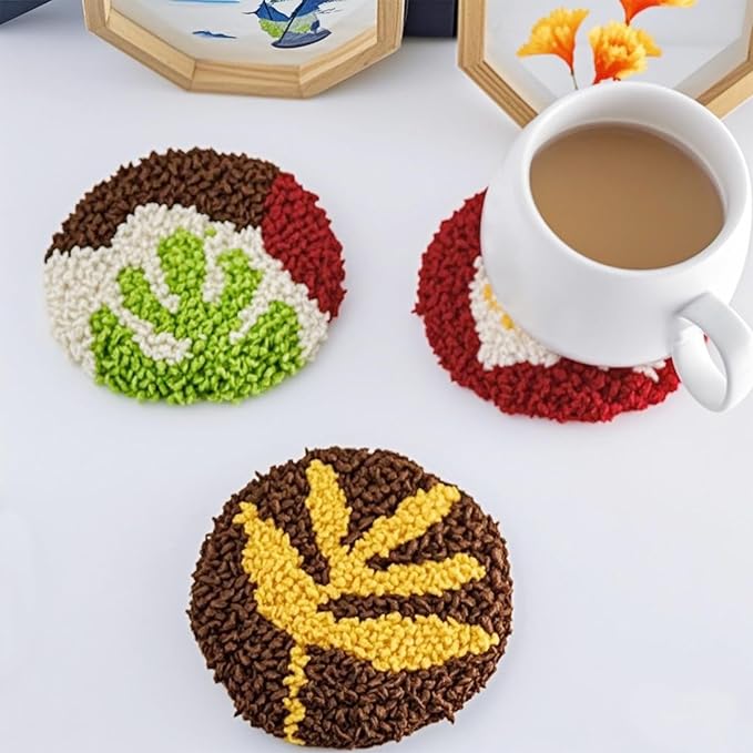 Allazone Punch Needle Kits, Punch Needle Coasters Kit, Punch Embroidery Kit with Felt Yarns Hoop Tools for DIY Coaster Crafts (Plants)