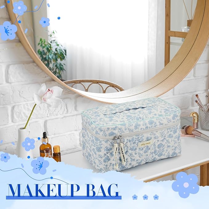 Zeyune 3 Pcs Makeup Bag Quilted Cosmetic Bags Large Floral Makeup Bag Set for Women Cotton Flower Travel Toiletry Storage Cute with Zipper for Women Mom Birthday Gift Home Bathroom(Blue Flower)