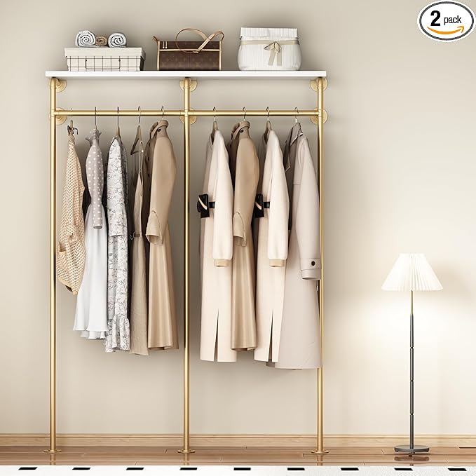 KAILNKISS Industrial Pipe Clothing Rack, Wall Mounted Clothes Rack Gold Clothing Rack with Shelf Wardrobe Multi-Purpose Storage Clothes Hanging Shelf-59''L Gold