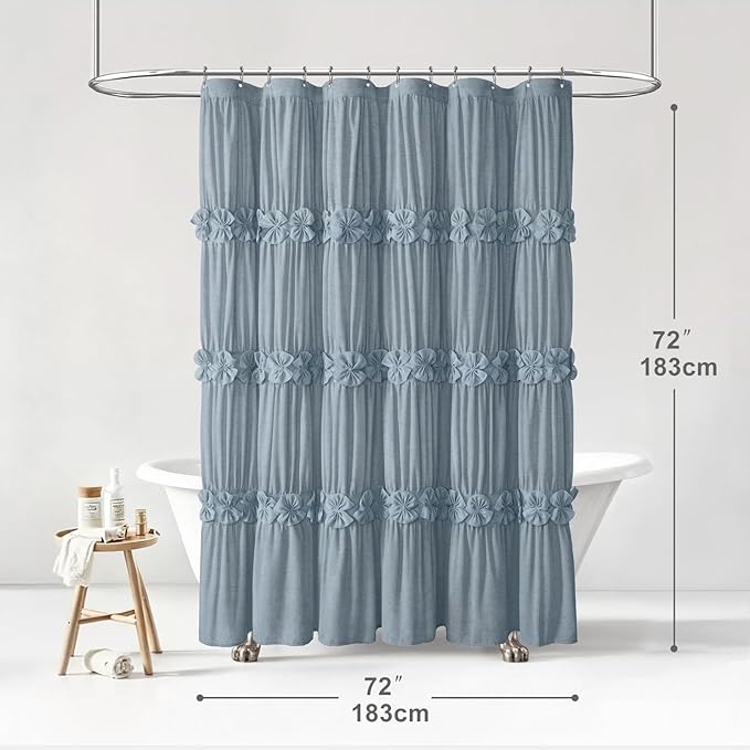 XOGUIBO Ruffle Shower Curtain with Handmade Bow Tie, Blue Linen Vintage Farmhouse Shower Curtain for Bathroom, 72" W x 72" H