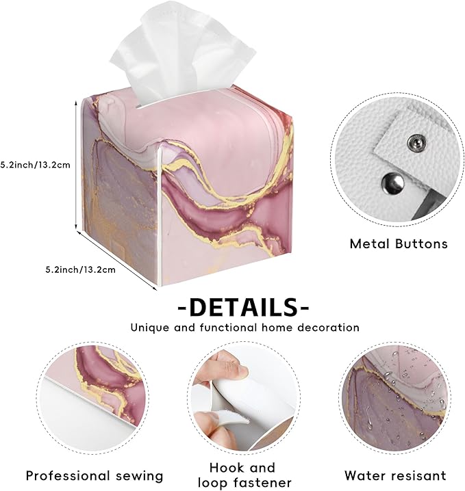 Pink Marble Tissue Box Holder,Cube Tissue Box Cover Holder,Leather Facial Paper Organizer Dispenser Home for Bedroom Night Stands,Kitchen,Office and Car,5.2"×5.2"×5.2"