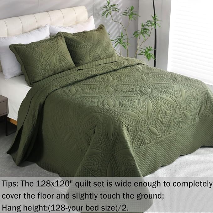 Cmfshape Oversize King Bedspread 128"x120",3 Piece California King Quilt,Lightweight Olive Green Quilt Set for All Season,Modern Coin Pattern Bedding Set