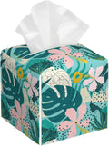 POIUBLE Tropical Flowers and Palm Leaves Tissue Box Cover Leather Tissue Box Holder Square Facial Paper Organizer Dispenser for Bathroom Kitchen Bedroom Vanity Countertop Night Stands