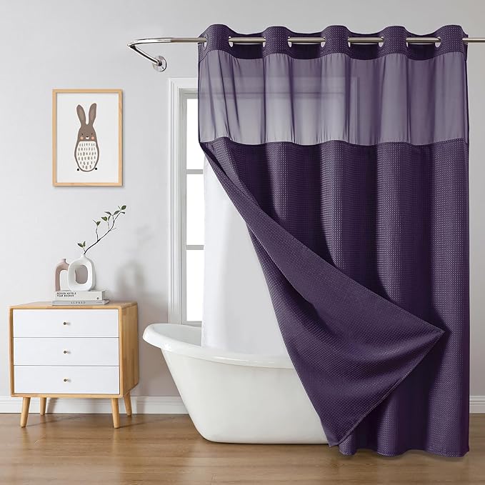 eachope Purple No Hook Waffle Weave Shower Curtain with snap-in Liner Replacement, 230GSM Waterproof Fabric Hotel Shower Curtain Set for Bathroom, Through Mesh Top Window,71Wx77H