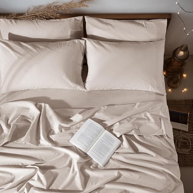LBRO2M 100% Linen Sheet Set Full Size, Bed Sheets 6 Piece Sets,Solid Color Natural Flax Bed Sheets Soft Breathable Bedding,16" Deep Pocket,All Season (Full, Linen)
