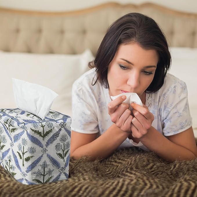 Mimorou Blue Fabric Tissue Box Cover - Floral Print Tissue Box & Decorative Square Napkin Holder Handmade Cotton for Home Bedroom Vanity Countertop Night Stands Office