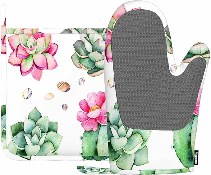 Mxocom Plants Oven Mitt and Pot Holder with Silicone Watercolor Cactus Summer Floral Mexican Cacti Heat Resistant Kitchen for Cooking BBQ Baking Grilling Spring/Summer