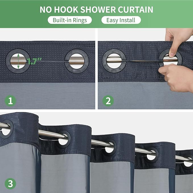 eachope Stall No Hook Shower Curtain with Snap-in Fabric Liner Set,Waffle Weave Shower Curtains for Bathroom,Hotel Luxury Decor Bathroom Curtain Set,Waterproof & Washable,Navy,54Wx80H