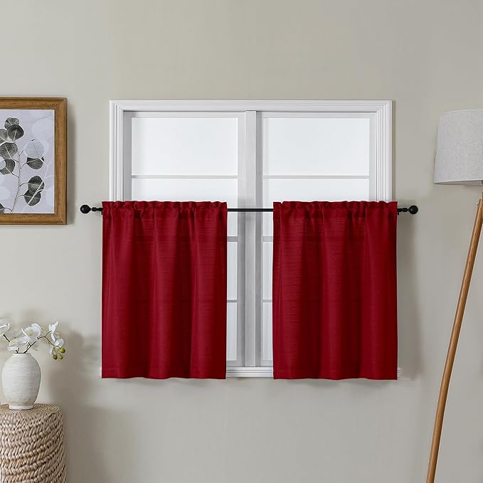 Lecloud Bessie Red Kitchen Curtains 24 Inch Length 2 Pcs, Christmas Faux Linen Textured Short Curtain, Light Filtering Breathable Tiers with Rod Pocket for Cafe Bedroom Bathroom, Each 30" W x 24" L