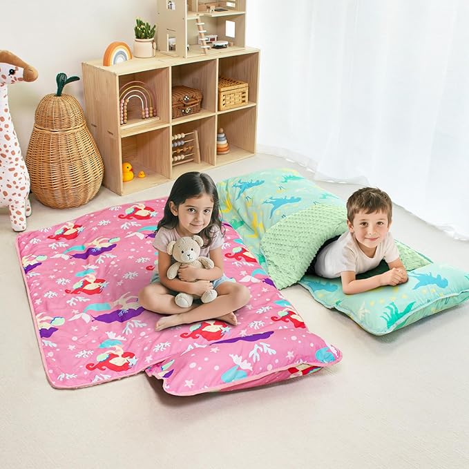 Beavtaens Toddler Nap Mat with Pillow and Minky Blanket, Large 55"x35" Sleeping Bag, Washable, Lightweight, Easy to Roll, Perfect for Preschool, Daycare, Kindergarten, Travel, Boys and Girls(Mermaid)