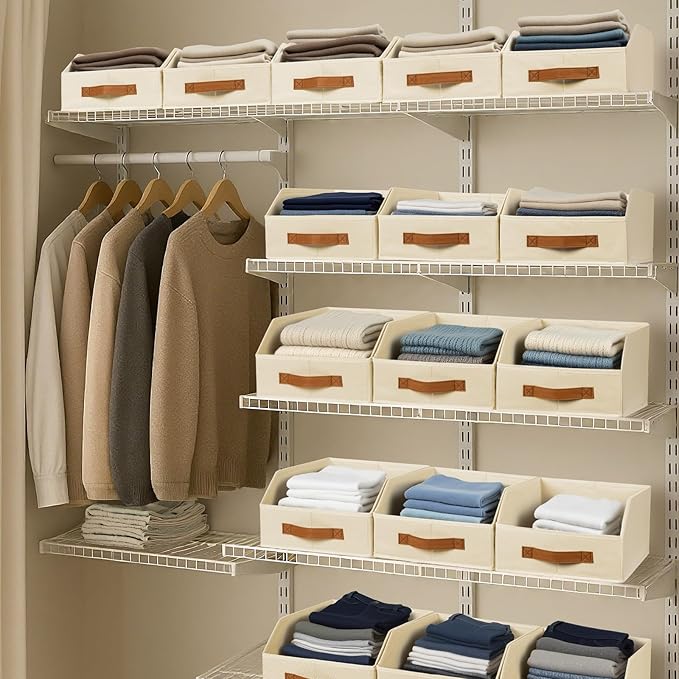 Homsorout Fabric Storage Bins for Organizing - 8 Pack Large Trapezoid Collapsible Storage Bins with Front Handle, Closet Organizers and Storage for Bedroom, Home Shelves, Small Spaces, Beige